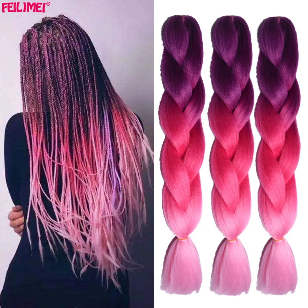 

Feilimei Ombre Purple Pink Braiding Hair Extensions Three Toned Synthetic Jumbo Braids Black Blue Grey hair Bundles