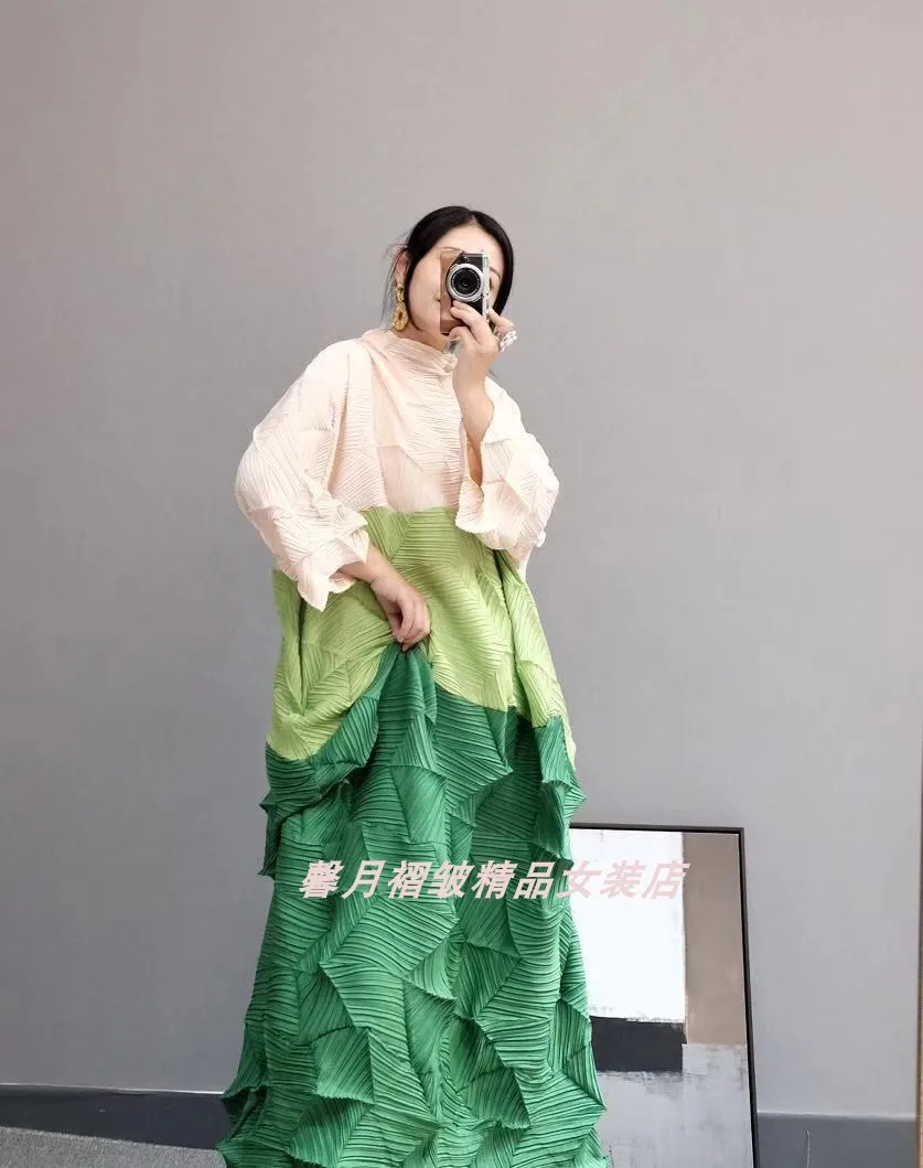 Miyake модные раза Алмазный плиссированное платье с рукавом три четверти в стиле пэчворк, воротник-стойка, свободные бутон платье