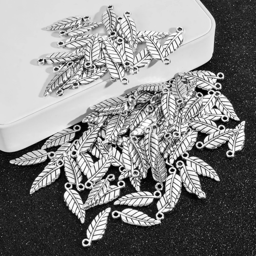 

Potosala 100Pcs Alloy Feather Leaf Pendant Antique Silver Color Small Charms For DIY Handmade Jewelry Bracelet Making 6*19mm