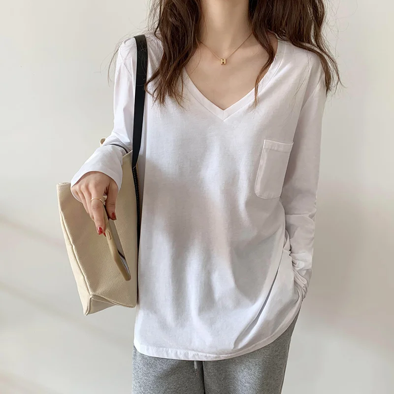 

Autumn Cotton T-shirt Women 2021 New Korean Loose V-neck Lazy Style Long Sleeve Tshirt White Simple Design Tops Female Clothing