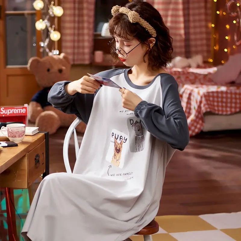 

Women Nightdress Pure Cotton Long Over-the-knee Pajamas Can Be Worn Outside The Home Service Summer Long-sleeved Girls Nightwear