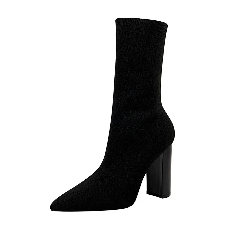 

new style simple thick heel high wind autumn winter fashion heel pointed sexy nightclub show thin wool short boots