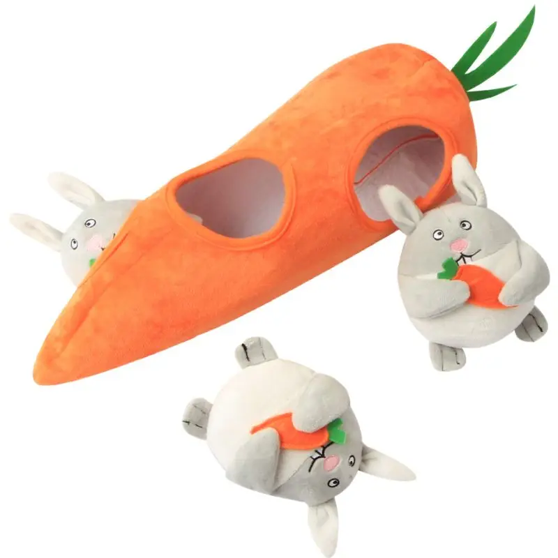 

Rabbit Carrot Shape Pet Squeaky Toys Dog Hide and Seek Plush Interactive Puzzle D7YB