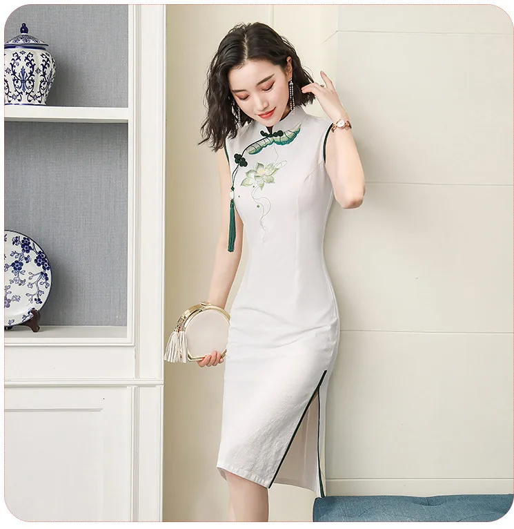 Sheng Coco дамы рами женское платье без рукавов Cheongsam платья Короткие классические без рукавов современное китайское платье Ципао белый без рукавов
