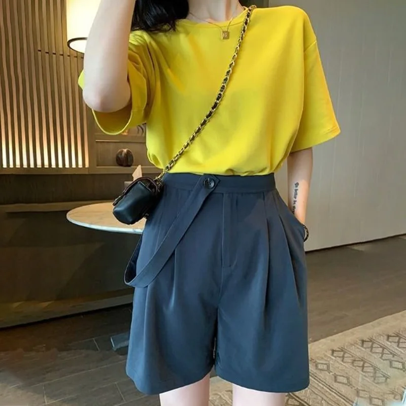 

Removable Crossbody Strap Straight Women's Shorts Casual High Waist Wide Leg Short Female 2021 Summer Ladies Bottoms Streetwear