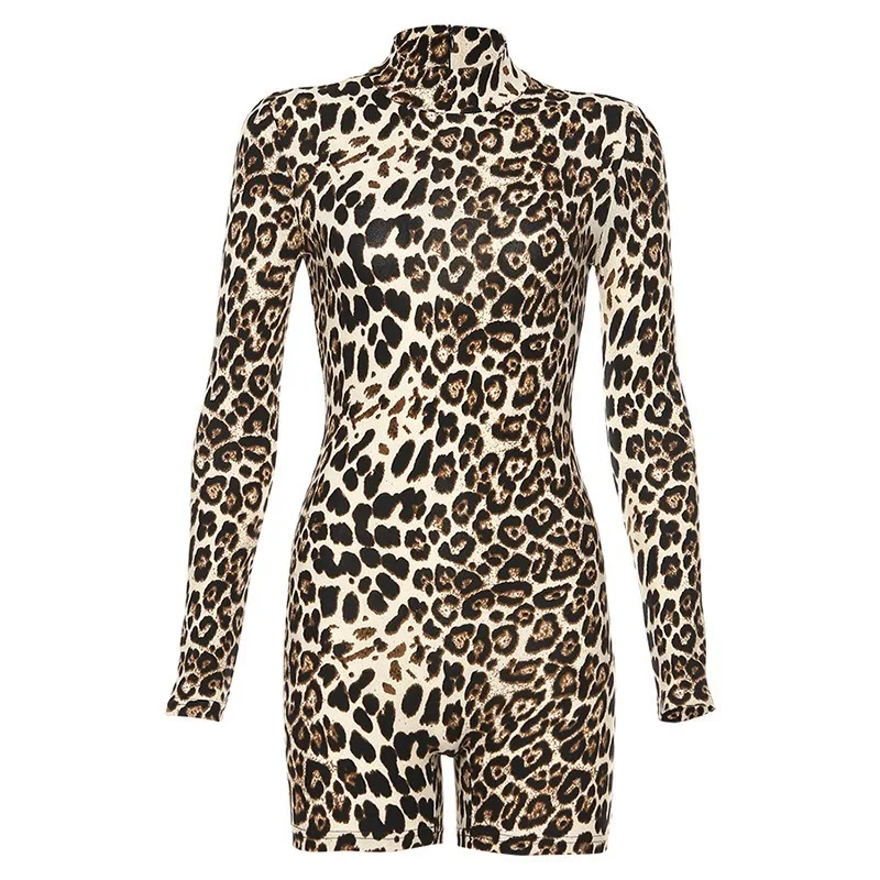 

FORERUN Leopard Playsuit Long Sleeve Turtleneck Short Jumpsuit Women Fashion Streetwear Autumn Winter Rompers Overalls Mujer