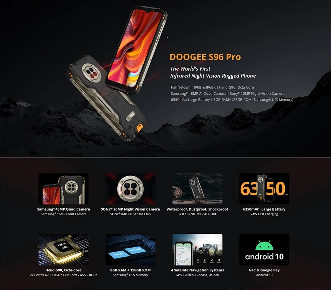 Смартфон DOOGEE S96 Pro защищенный 4 камеры 48 МП 8 + 128 ГБ 6350 мА · ч экран 6 22 дюйма Android 10 0