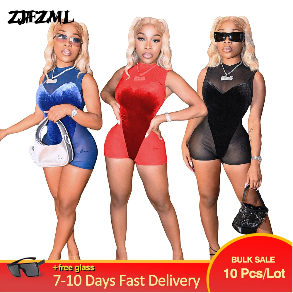 

Bulk Lots Wholesale Items Mesh Sheer Velour Rompers Womens Jumpsuit Vintage Midnight Sleeveless Transparent Bodycon Club Outfits
