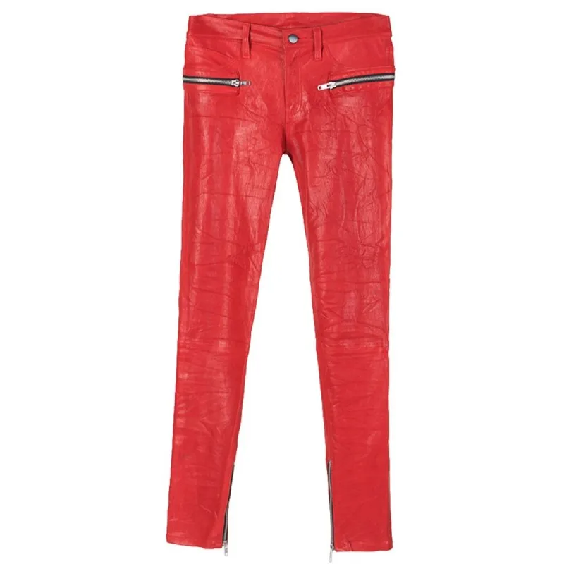 

Sexy Elastic Genuine Leather Pencil Pants Women Low Waist Skinny Trousers Multiple Zippers Natural Leather Real Sheepskin Pants