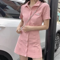 2022 short sleeve dress women solid simple all match single breasted sexy mini a line dresses