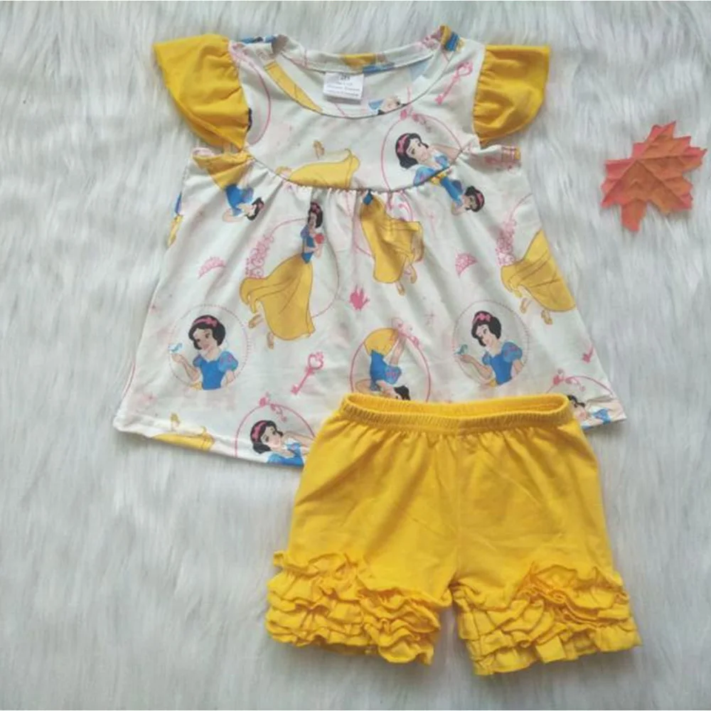 

Boutique Summer Outfit kids clothing beautiful Princess print ruffle sleeves matches pure yellow short children clothes