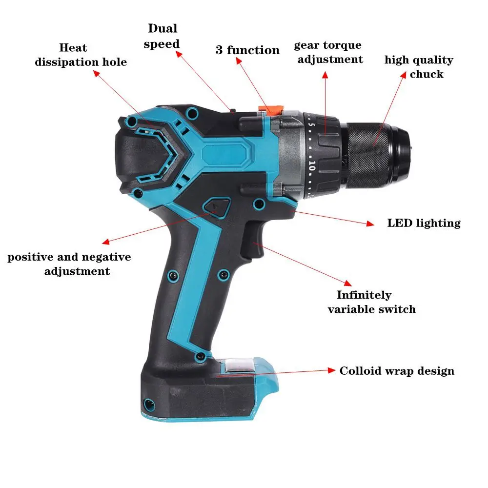 

18V 21V 450Nm Brushless Electric Drill Screwdriver with LED Light 13mm Cordless Impact Drill DIY Power Tool for Makita Battery