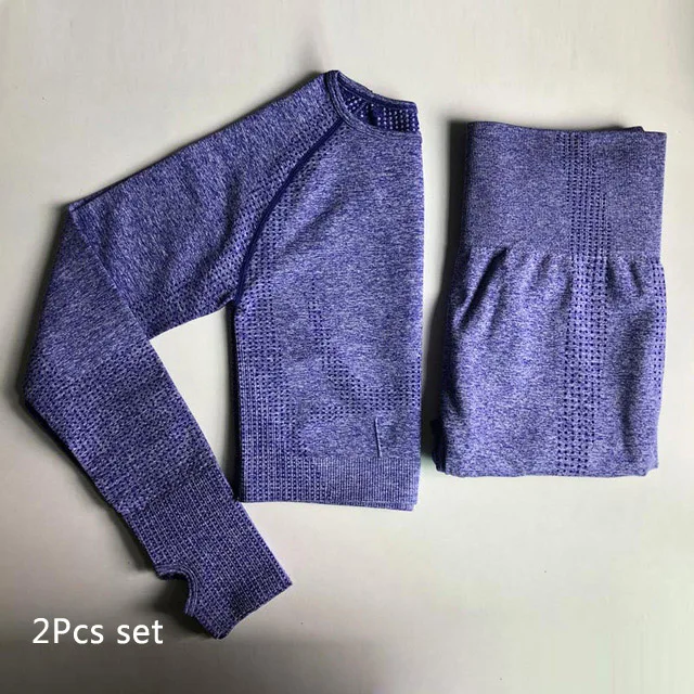 Purple 2pcs set Женский Vital бесшовный комплект для йоги, одежда для фитнеса, спортивная одежда, женские леггинсы для спортзала, леггинсы с пуш-ап, укороченные рубашки, спортивные костюмы - Цвет: Purple 2pcs set