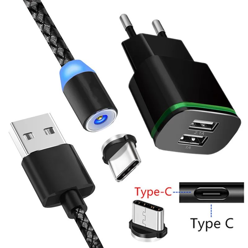 EU charger and cable Для samsung galaxy A50 A70 Motorola Moto Z4 One power G7 LG Stylo 5 G8 ThinQ Магнитный зарядный кабель type C светодиодный легкое зарядное устройство usb - Тип штекера: EU charger and cable