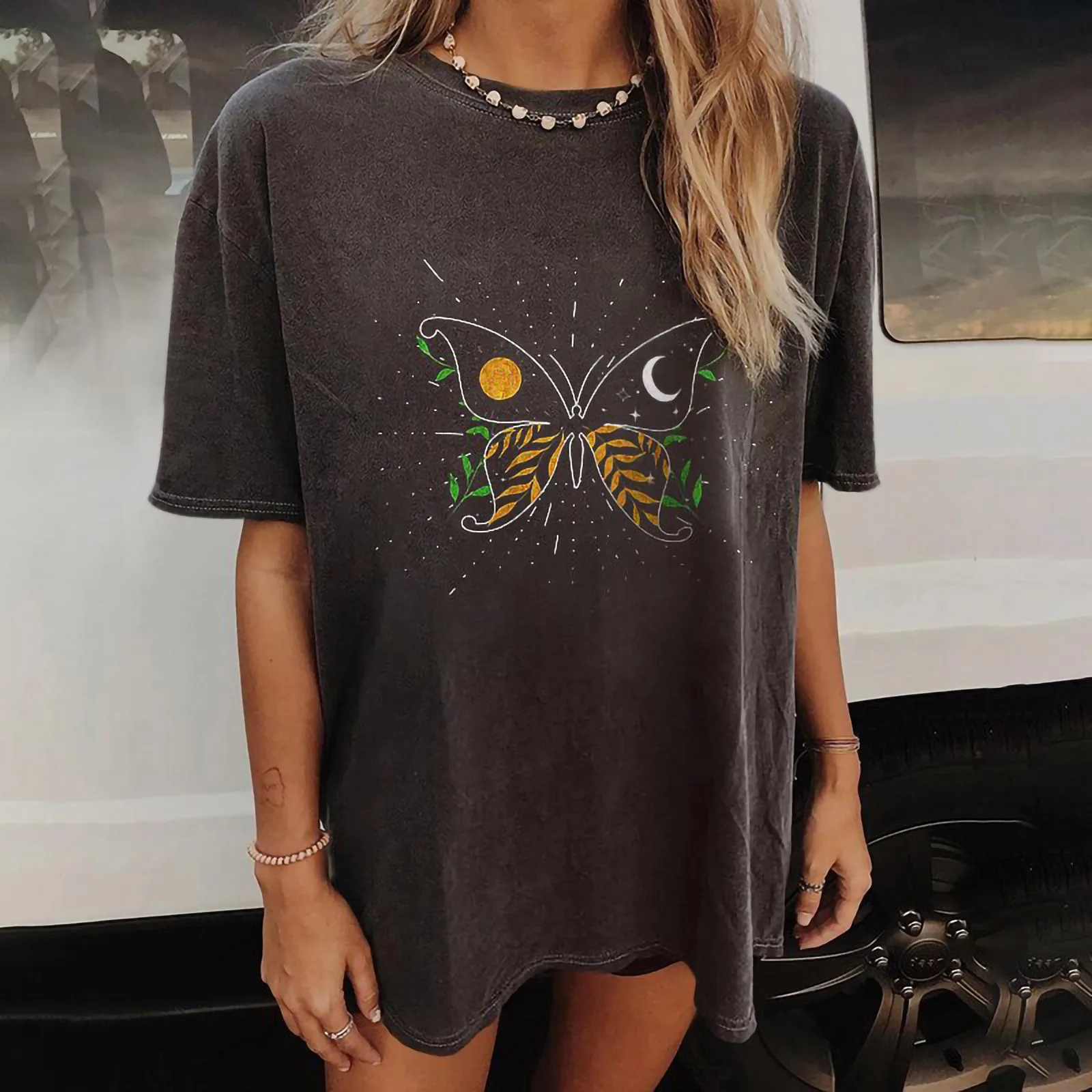 

SAGACE Personality Street Ladies T Shirt With Shoulder Sleeves Vintage Print Loose Polyester Blouse футболка 2021