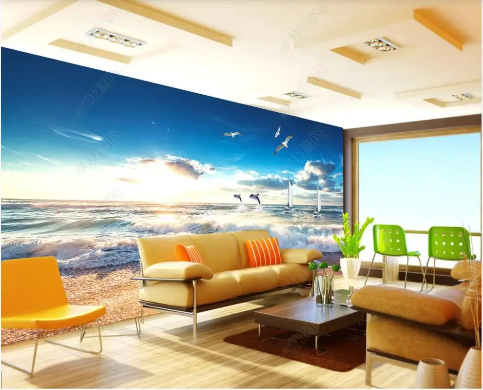 

3d обои с морским пляжем, дельфином, чайкой, пейзажем, гостиной, домашний декор, пользовательские фото обои на стену, наклейки для спальни
