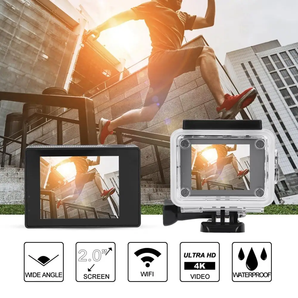4K HD, 2 дюйма, ЖК-дисплей двойной Экран Спортивная Экшн-камера Камера 30FPS HD 170 ° Широкий формат возможностью погружения на глубину до 30 м Водонепроницаемый Wi-Fi экшн-Камера набор