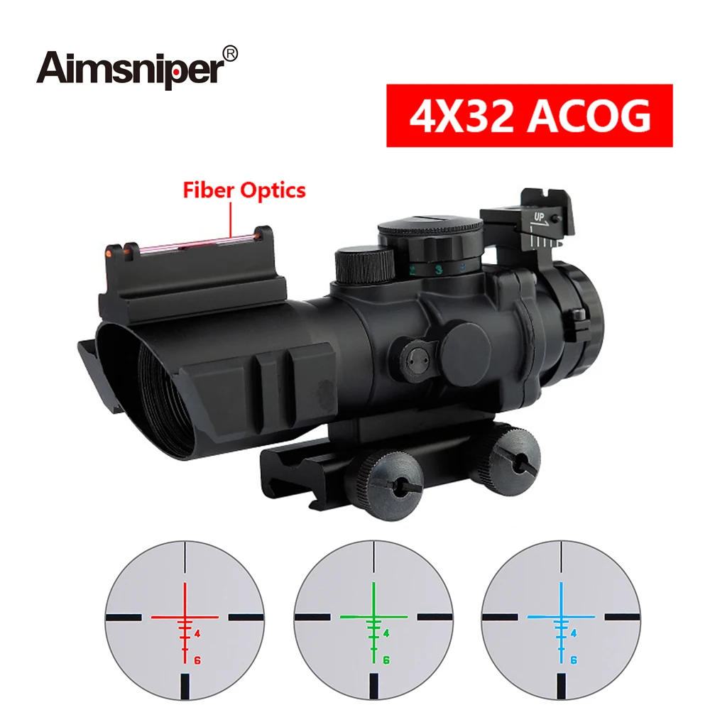 ACOG 4X32 Hunting Red Dot Riflescope Reticle Red Green Blue Illuminated Fiber Optic Tactical Sight For Rifle Sniper pneumatics