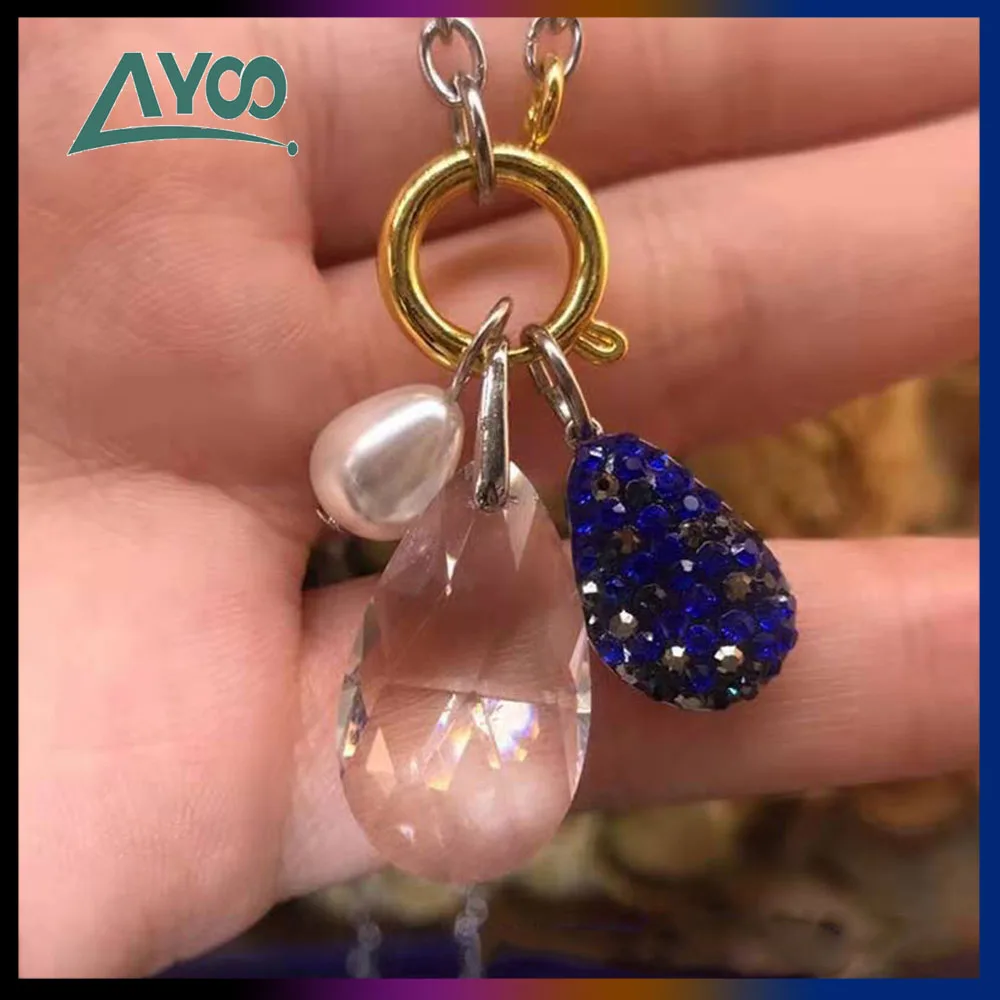 

AYOO High Quality SWA, Modern Fashion Dark Blue Crystal Pearl Necklace, Three Pendant Spring Clasp Clavicle Chain Jewelry