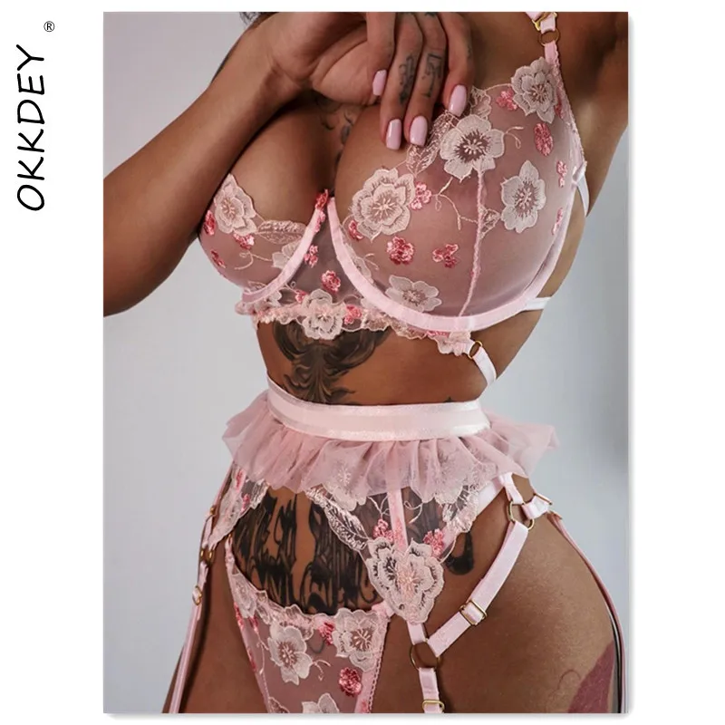 

OKKDEY Erotic Sensual Lingerie Sexy Lace Women's Underwear Set Floral Transparent Brief Sets Push Up Underwire Bra And Panty