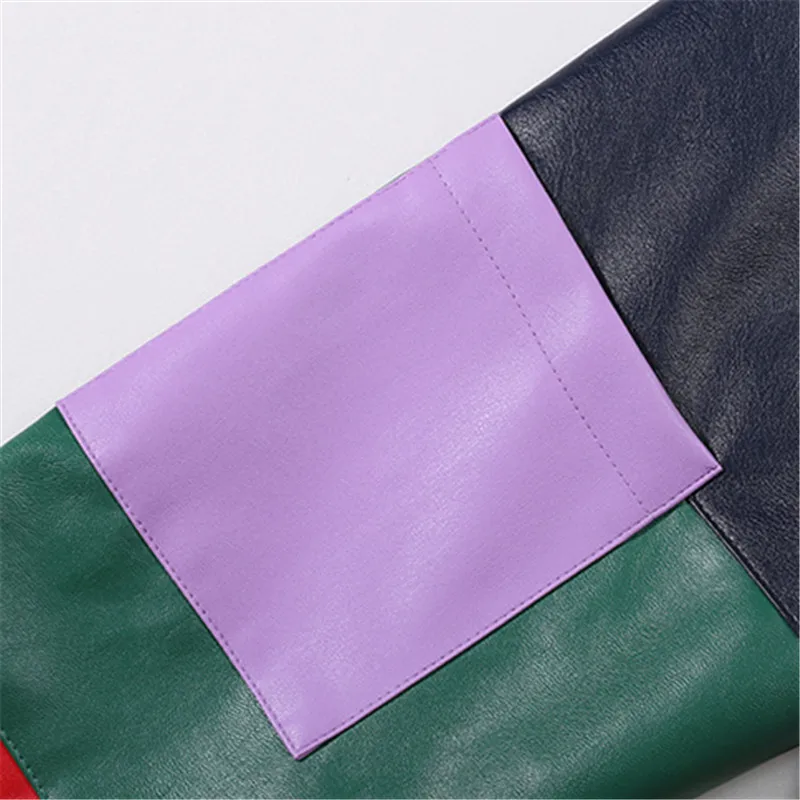 

Fashion Patchwork Women PU Leather Jacket Pocket V-Neck Long Sleeve Faux Leather Jacket Coat Streetwear Autumn Loose Windbreaker
