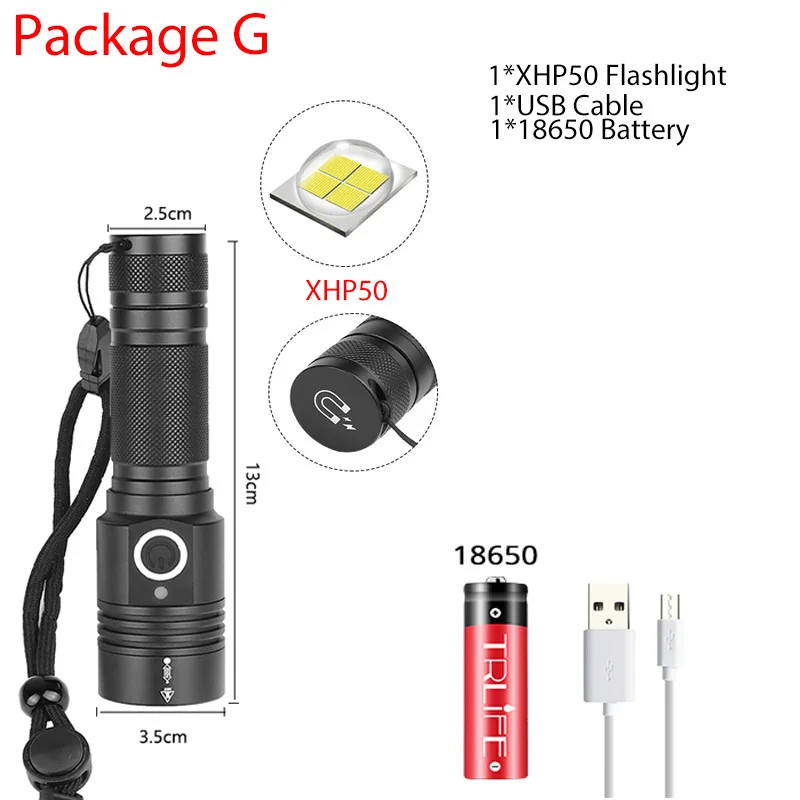 G-XHP50 XHP70.2 светодиодный фонарик ультра яркий XHP50 водонепроницаемый фонарь USB Перезаряжаемый фонарь с зумом для кемпинга рыбалки с 18650 - Испускаемый цвет: G-XHP50