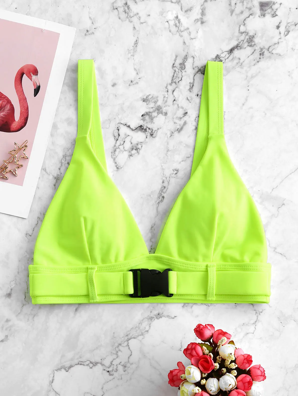 ZAFUL Push Buckle Neon Plunging Bikini Top For Women 2020 Solid Neck Padded Triangle Cup Green Yellow | Спорт и развлечения