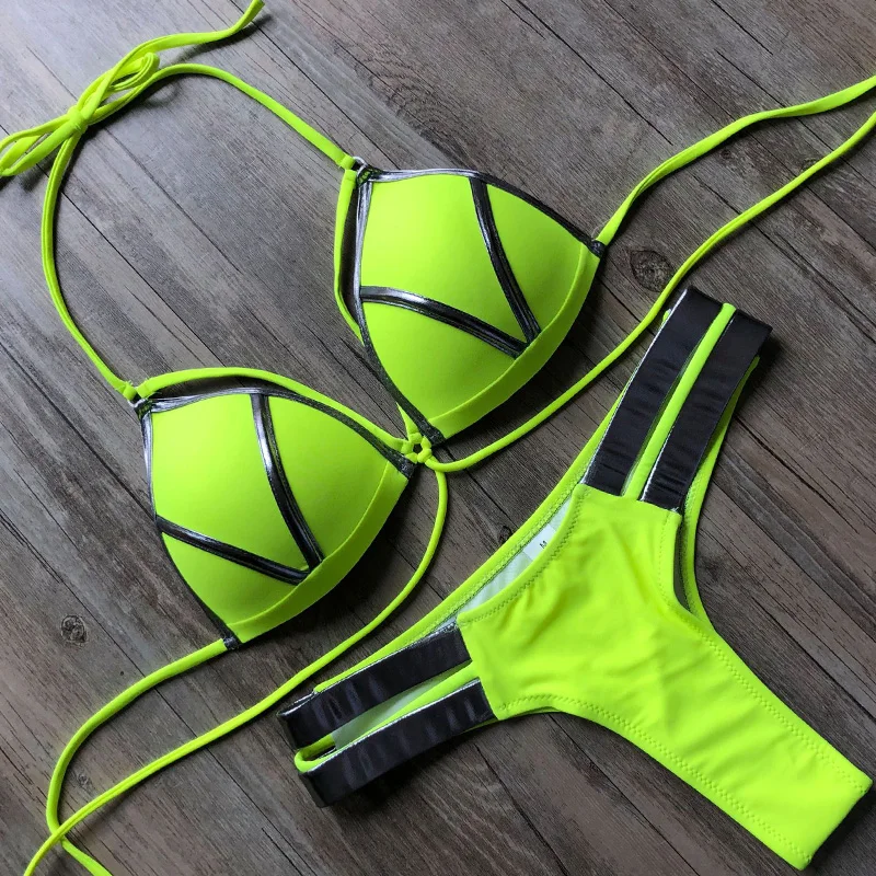 

Bikini 2021 Women String Bandeau Swimsuit Female Swimwear Thong Bikini Set Bra cup Halter Bathing Suit