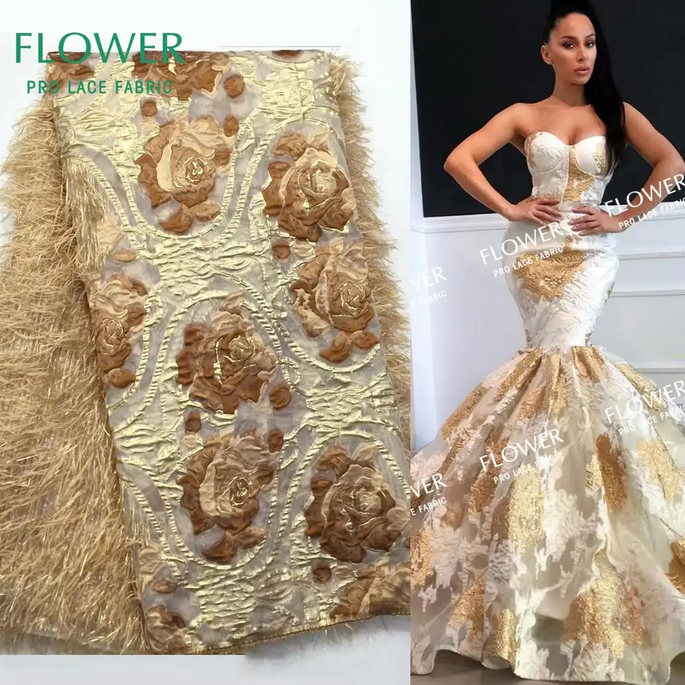 Gold Color Embossed Fower Embroidered Mesh Lace 2020 High Quality African Tassel Net Lace Mesh Tulle Wedding Prom Laces Material