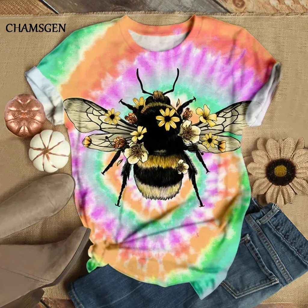 Футболка с принтом CHAMSGEND Tie-dye Bee женские летние топы короткими рукавами футболки