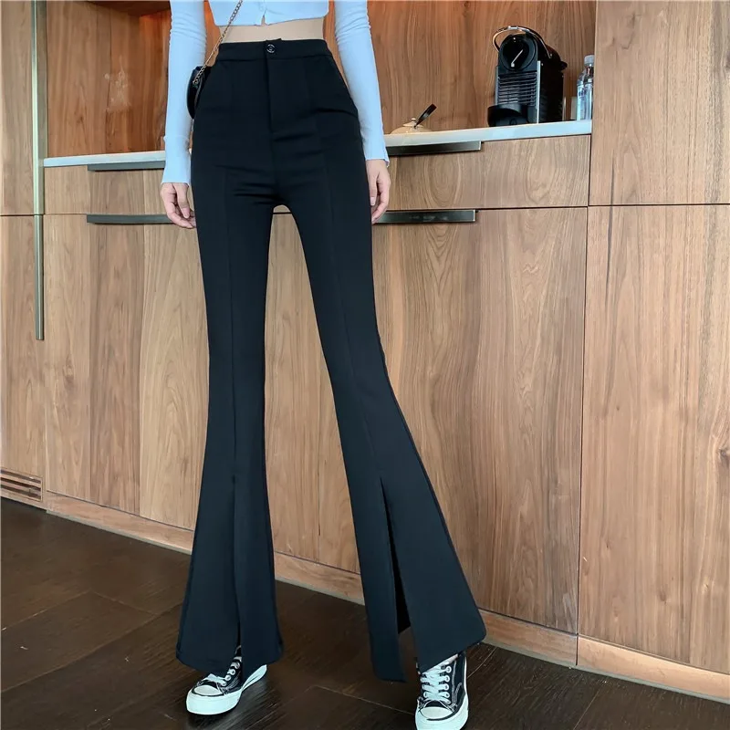 

NN Nana ~ Spring New Elastic Slim Fit Slimming Casual Pants Women's Korean Style High Waist Drooping Split Length Bell-Bottom