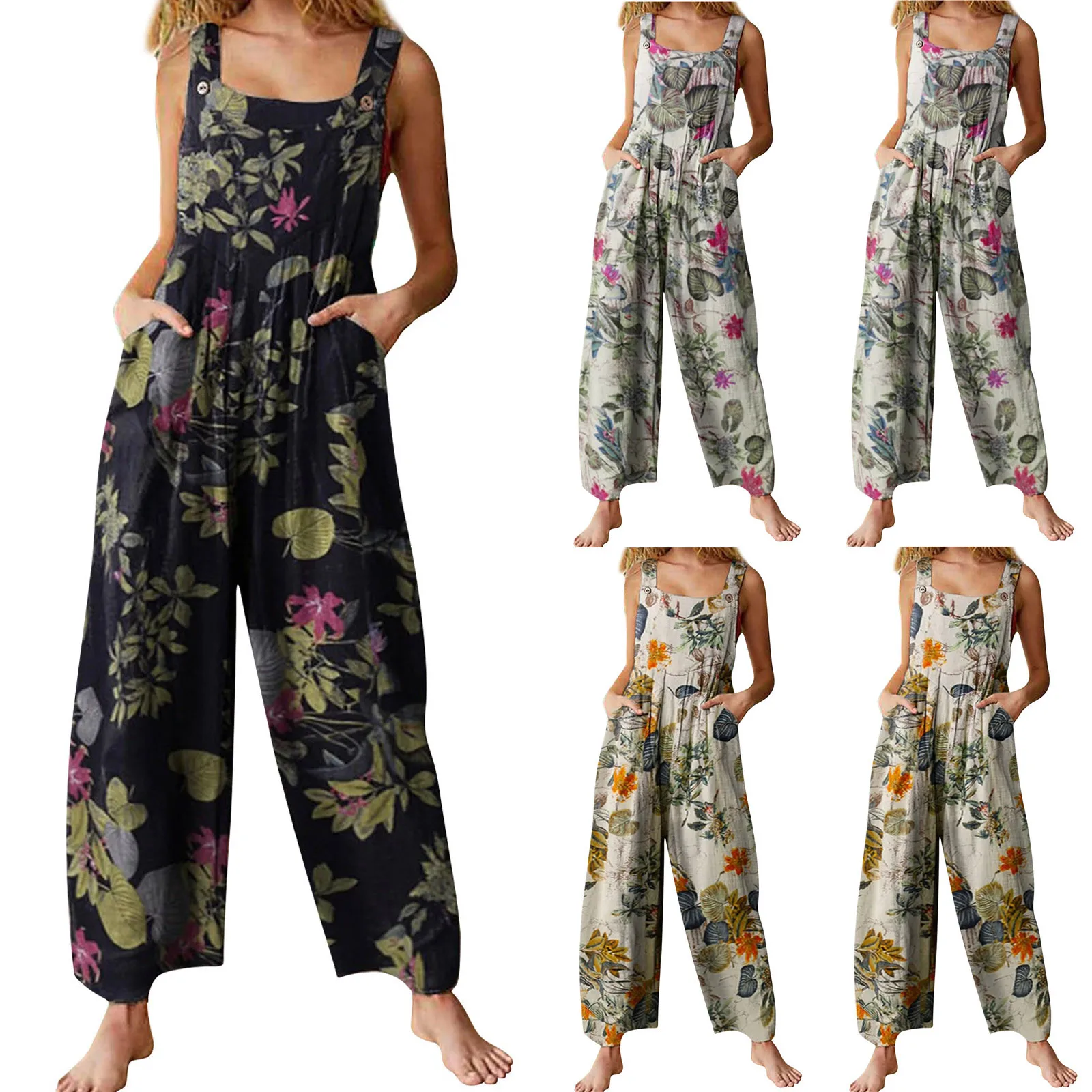 

Women's Fashion Landscape Floral Printed Pocket Button Camisole Jumpsuit Women Jumpsuit Summer 2021 Casual Floral Jumpsuit