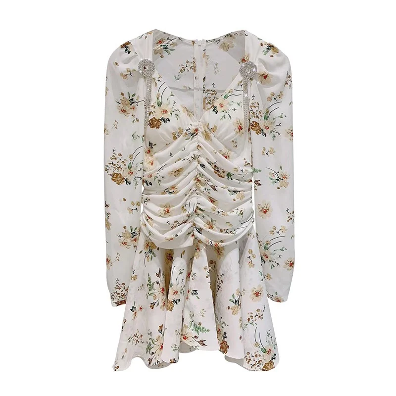 

Early autumn fashion French niche design celebrity temperament wrap chest V-neck temperament flower waist slim dress