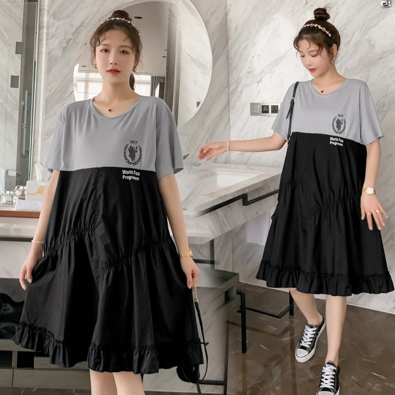 

6610# 2021 Summer Korean Fashion Cotton Maternity Dress Patchwork Loose Clothes for Pregnant Women Chic Ins Pregnancy Clothing
