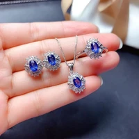 Best Gift Real Natural Sapphire jewelry set Natural Real Sapphire 925 sterling silver 1pc pendant1pc ring2pcs Earring