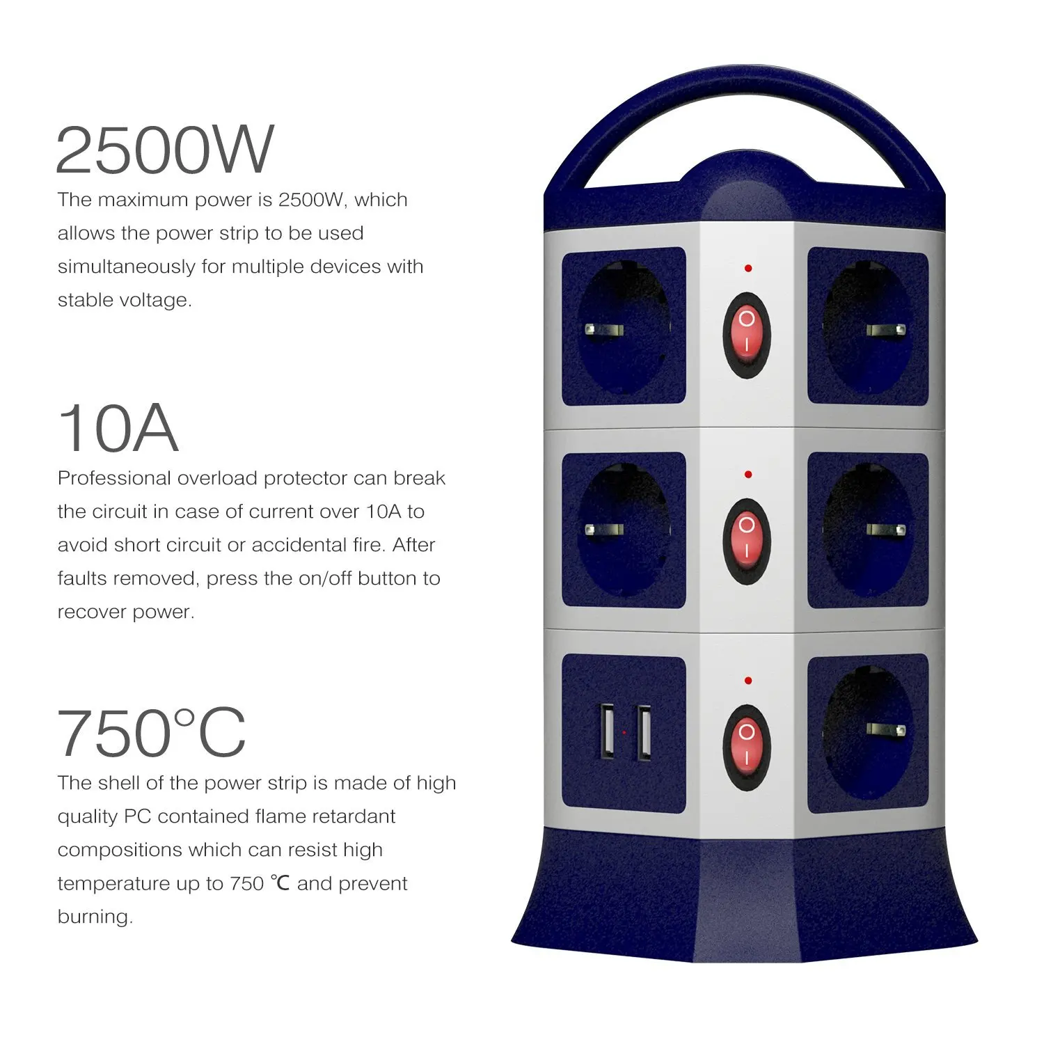 Блок питания Tower, USB розетки 7/11, AC, EU Розетка с USB 2 портами, индивидуально переключаемый выдвижной удлинитель 1,8 м/6 футов