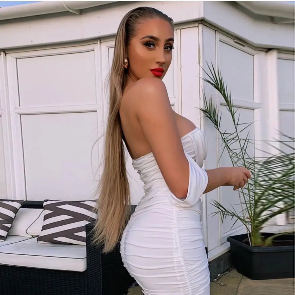 2020 Fashion Club Dresses Sexy Off Shoulder Ruched Bodycon Midi Dress Double Layered Mesh Draped Party Night Outfits Women | Женская