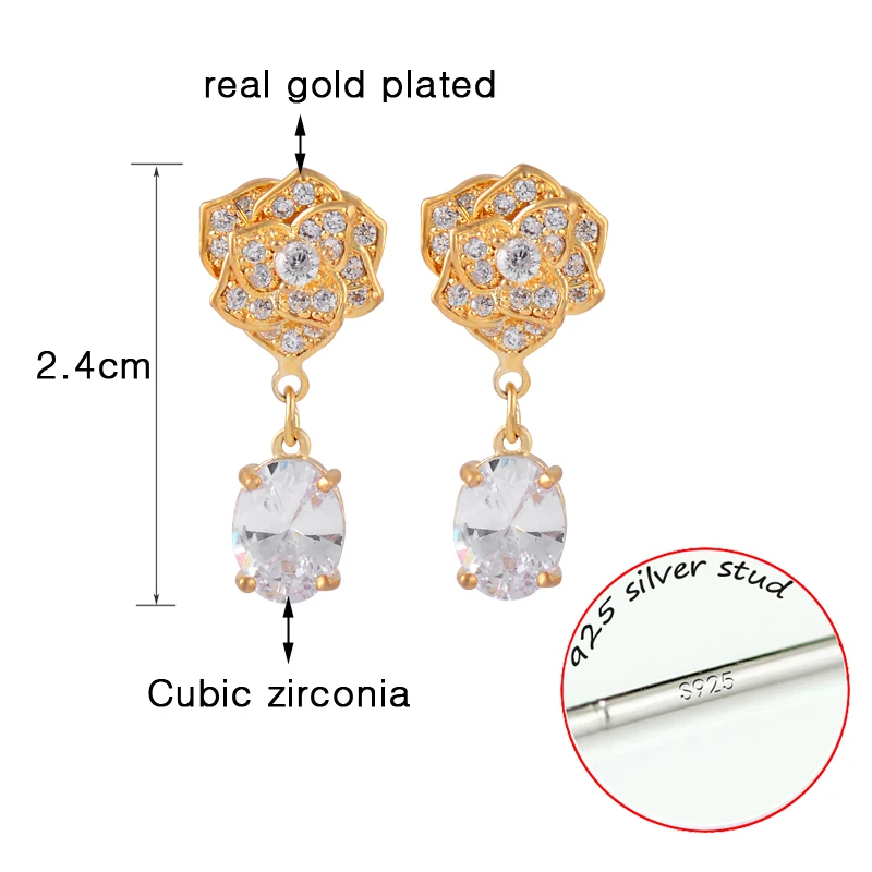 

LEEKER Chic Crystal Flower Dangle Earrings Yellow Gold Silver Color Clear Cubic Zirconia Small Drop Earrings Jewelry 058 LK4