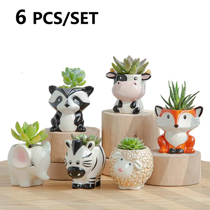 6pcs/set Nordic Ceramic Cartoon Animal Mini Flower Pot Home Decor Succulents Plants Bonsai Plant Vase Pot Decoration Accessories
