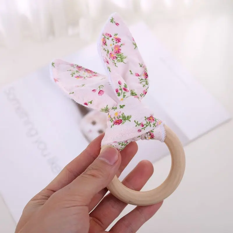 

Bunny Ear Teether Fabric Wooden Teething Ring With Crinkle Material Shower Gift