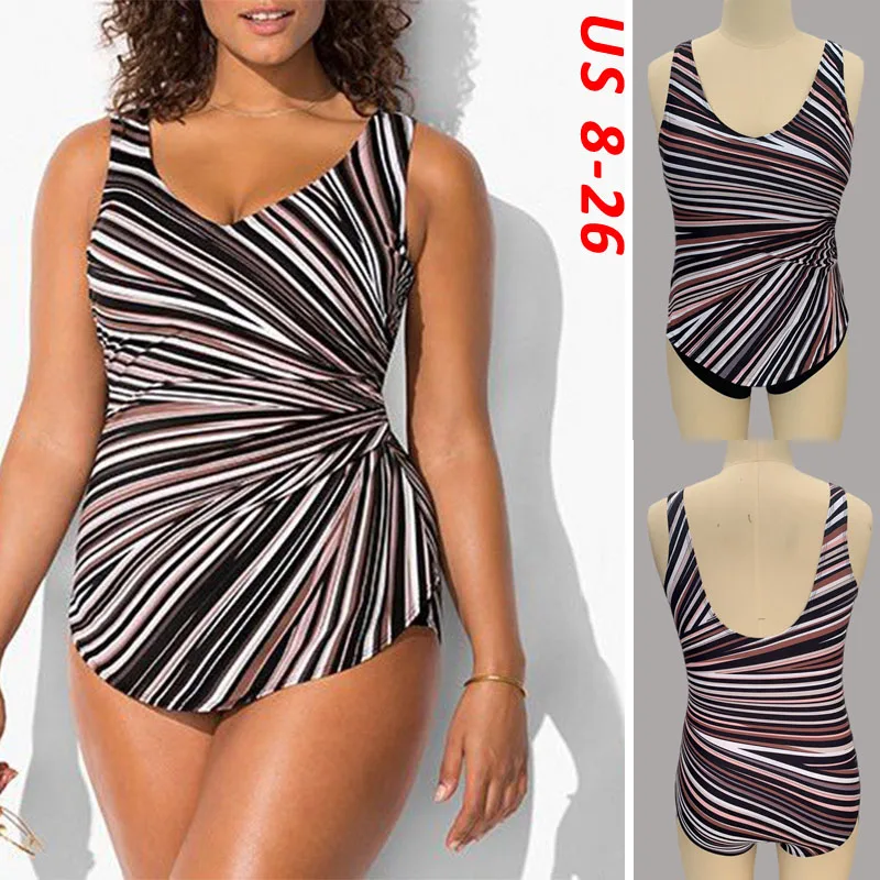 

Women Plus Size Strip Print One Piece Swimjupmsuit Swimsuit Beachwear Padded Swimwear maillot de bain femme Brazilian