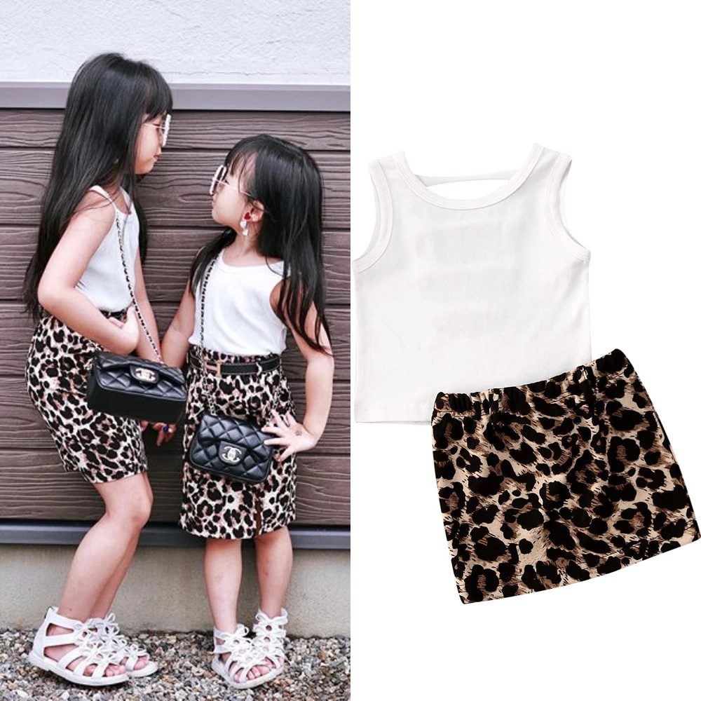 2020 Newest Hot Baby Summer 2PCS Clothes Set Newborn Kids Girl Ripped Vest Top T-shirt+Leopard Print Skirt Outfits |