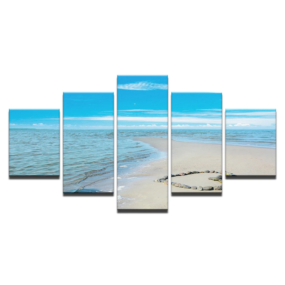 

Modular Canvas HD Prints Pictures 5 Pieces Blue Sky Sea Poster Romantic Beach Love Heart Painting Home Decor Room(No Frame)