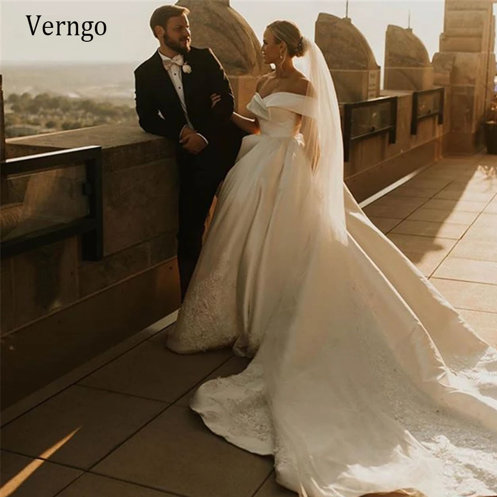 

Verngo Off the Shoulder Silk Satin A Line Wedding Dresses For Bride Short Sleeves Puffy Embroidery Lace Vintage Bridal Dresses