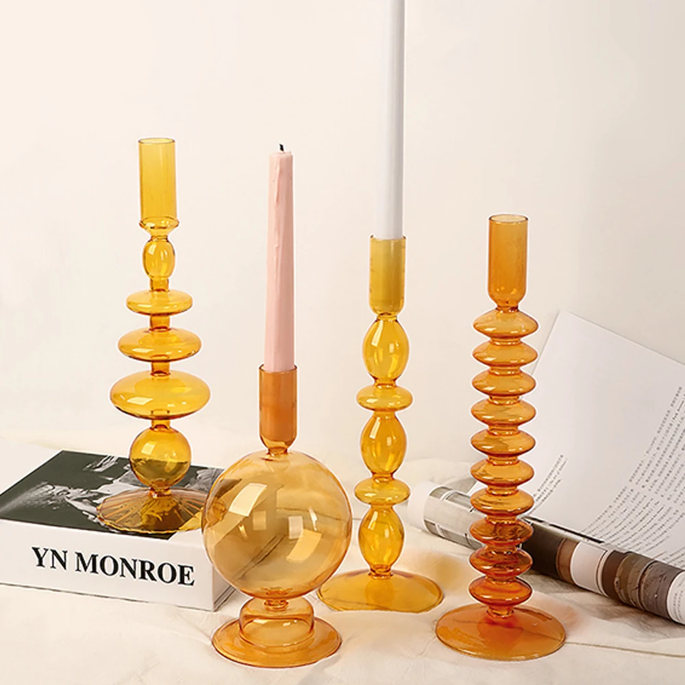 

Nordic Style Retro Orange Glass Candleholder Creative Home Decor Wedding Party Dinner Candlelight Table Decoration Living Room