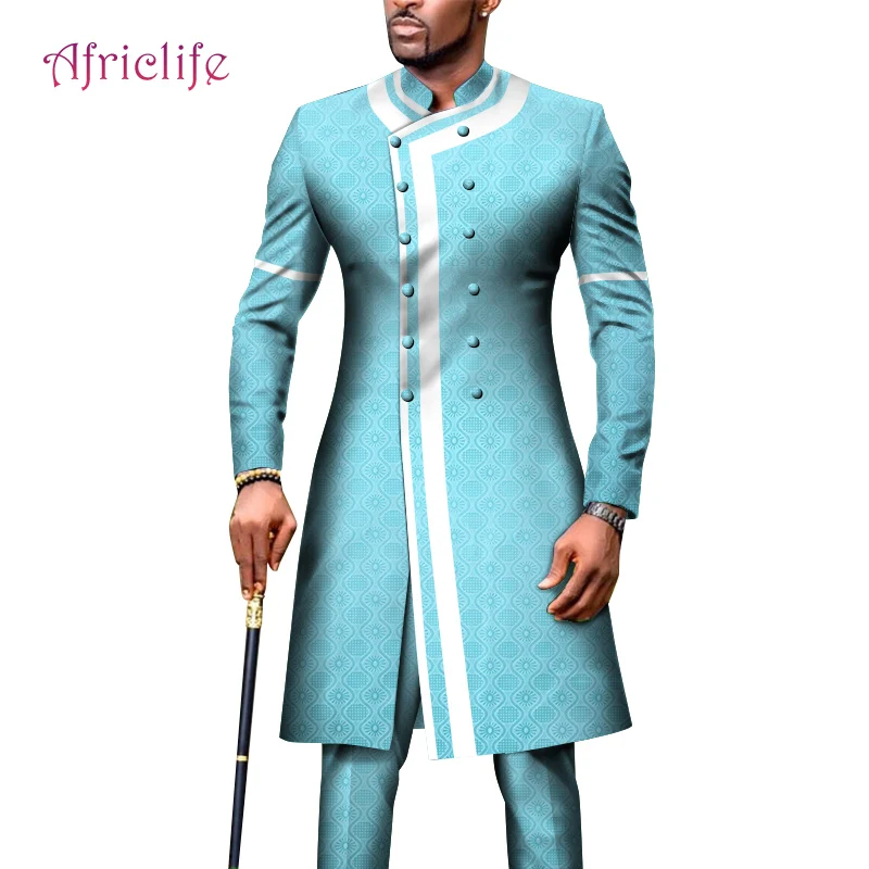 Men's Suit African Clothing Dashiki Long Slim Jackets and Pants Double Breasted Fit Formal Outfits for Wedding WYN1334