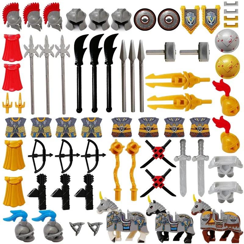 

Weapon Helmet Cape Sword Horse for Warrior Castle Knight Rome Crusader Shield Spear Crossbow Building Block Figures Toys Gifts