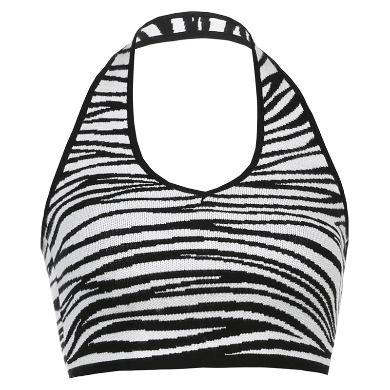 

ArtSu Harajuku Zebra Tank Top Women Sleeveless Backless Summer Sexy Club Crop Top Female Corset Halter Knit Vest Outfits VE52685