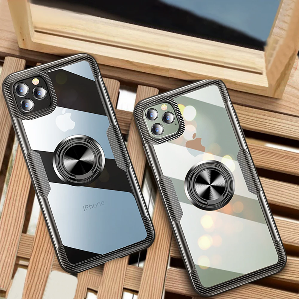 Для iPhone 11 Pro MAX чехол прозрачный закаленное стекло задняя крышка для iPhone XS XR X 8 7 6 6S Plus автомобильный магнитный держатель для колец чехол