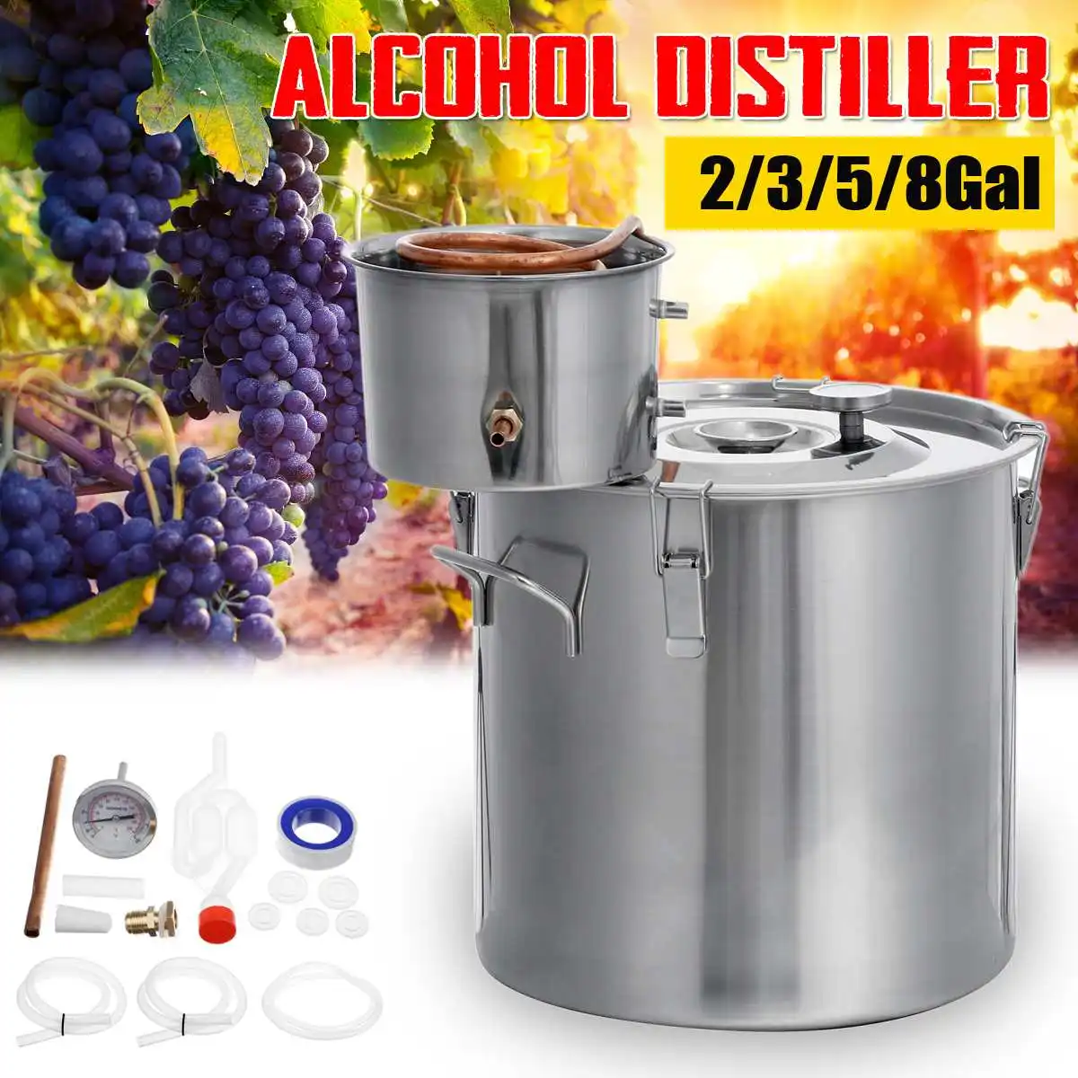 

8 Gal 30L Distiller Moonshine Alcohol Stainless Copper DIY Home Water Wine Essential Oil Brewing Kit 304 Stainless Steel Boiler